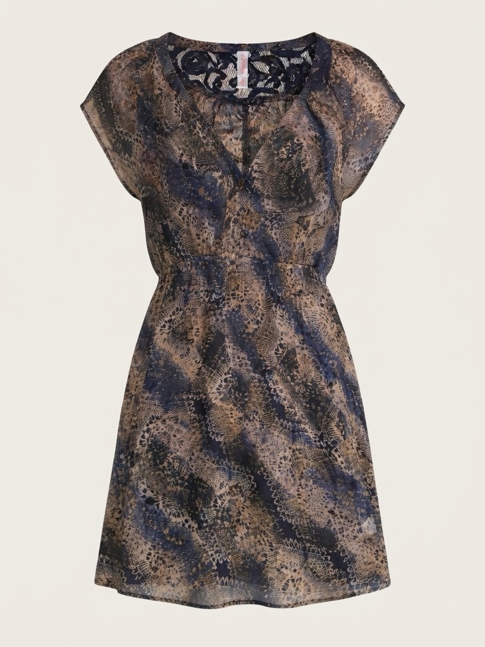 Xhilaration Animal Print Lace Back Cutout Mini Dress Blue Tan (Size M)